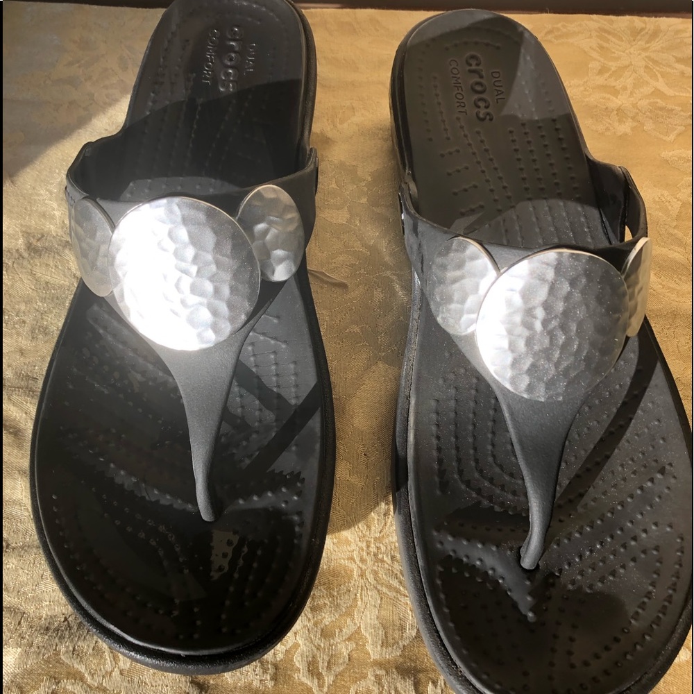 Beautiful, comfortable black with silver accent rubber Croc Sandals